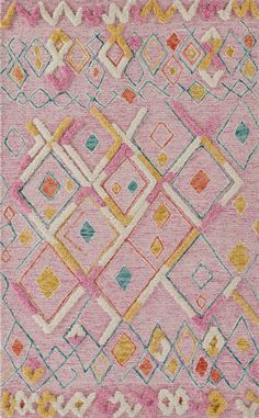 a pink and yellow rug with different colored designs