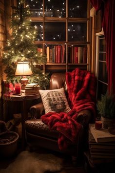 a living room with a christmas tree in the corner and a chair next to it