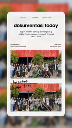 two pictures of people standing in front of a red building with the words dokumentotasi today on it