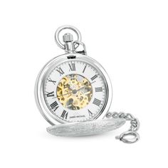 From James Michael, this men's pocket watch features a two-toned skeleton dial with black roman numerals in a 50.0mm silver-toned alloy case. The traditional hand-wind movement ensures accurate timekeeping. This pocket watch includes a one-year limited manufacturer's warranty. Timeless Skeleton Dial Watch Accessories For Anniversary, Formal Silver Watch With Skeleton Dial, Timeless Stainless Steel Pocket Watch For Formal Occasions, Silver Skeleton Dial Watch For Anniversary, Timeless Silver Pocket Watch With Subdials, Silver Timeless Pocket Watch For Anniversary, Timeless Silver Pocket Watch For Anniversary, Classic Round Pocket Watch With Skeleton Dial, Elegant Silver Pocket Watch With Subdials