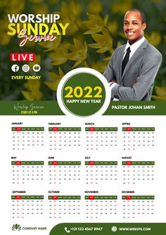 a green and white calendar with a man in a suit