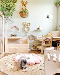 a room filled with lots of wooden furniture and decor on the walls, including a bunny rug