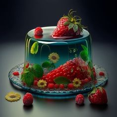 a cake with strawberries and raspberries on it