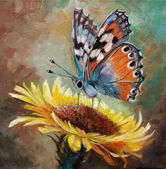 a painting of a butterfly on a sunflower