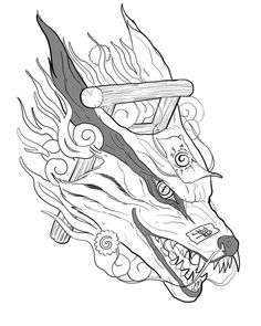 a black and white drawing of a wolf's head with flames coming out of it