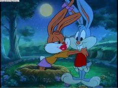 an animated rabbit kissing another bunny in the woods