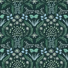 a green and blue floral pattern with leaves, flowers, and berries on a black background