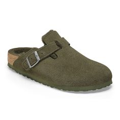 Boston Shearling Suede Leather Thyme | BIRKENSTOCK Casual Shearling Slip-on Mules, Winter Suede Clogs With Textured Footbed, Winter Suede Clogs With Leather Footbed, Shearling Slip-on Clogs With Removable Insole, Comfortable Winter Mules With Suede Lining, Shearling Slip-on Clogs With Leather Footbed, Shearling Clogs With Leather Footbed Slip-on, Comfortable Mules With Leather Footbed For Winter, Sheepskin Clogs With Leather Footbed And Round Toe