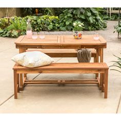 3-Piece Acacia Wood Outdoor Patio Dining Set Patio Walker Edison Brown Wood Dining Bench, Table And Bench Set, 3 Piece Dining Set, Teak Oil, 7 Piece Dining Set, Floor Table, Walker Edison, Kitchen Dinnerware, Dining Sets Modern