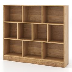 an empty wooden shelf with many compartments