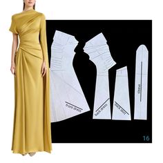 a woman in a yellow dress next to cut out pieces of paper