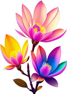 three colorful flowers on a white background