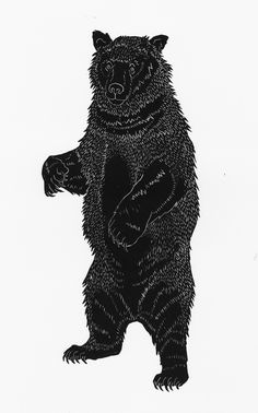 a black and white drawing of a bear standing on its hind legs with one paw in the air