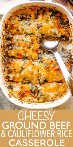 cheesy ground beef and cauliflower rice casserole in a baking dish