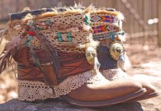 Upcycled Reworked Boho Cowboy Boots by TheLookFactory on Etsy Boot Makeover, Boho Upcycle, Boot Wraps, Boho Cowboy, Botas Western, Shoe Makeover, Ugg Boot, Cowboy Shoes