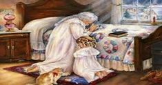 a painting of an old woman and her child in bed with their dog looking at something on the floor