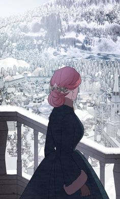 a woman with pink hair standing on a balcony