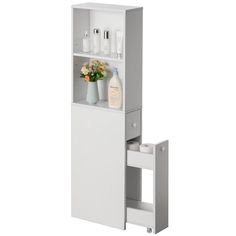 Looking for storage solutions for your compact bathroomLook no further than our slim and narrow storage cabinetIt boasts ample storage capacitymaking it the perfect addition to tight bathroom spacesIdeal for bathrooms and small areas lacking storage optionsthis cabinet features two open shelvestwo tier slide-out drawersand one small storage draweroffering a convenient way to keep cosmeticshair and body care productsdecorativestoiletriescleaning suppliesand bathroom acce Product Organizer, White Bathroom Storage Cabinet, Feminine Product, Slim Bathroom Storage Cabinet, Slim Bathroom, Slim Bathroom Storage, White Bathroom Storage, Bathroom Organizers, Narrow Storage Cabinet