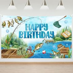 an image of a happy birthday scene with fish on the lake and fishing rod in the water