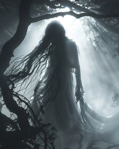 a woman with long hair walking through the woods in foggy weather, holding her arms out