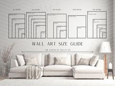 the wall art size guide is displayed in front of a white couch with pillows on it