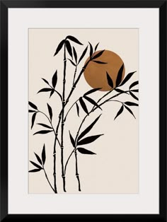 an art print with bamboo leaves and a round object in the center, on a white background