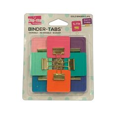 binder tabs in assorted colors with gold metal clips on each one side