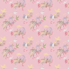 a pink wallpaper with birds and flowers on it