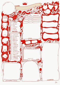 a red and white paper with lots of different things on it