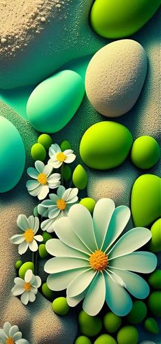 an abstract painting with flowers and rocks on the ground, in shades of green and white