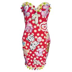 Super fun and whimsical rare 1988 Moschino red and off-white polka dot strapless silk dress embroidered with playful cartoon patches all over the entire dress. An iconic piece of Franco Moschino history. Some of the patches include animals, hearts, and a patch that says "Kiss My Patch" Heart shaped neckline. Cream crochet trim with multicolored pom poms throughout Fully lined Made in Italy Side zip closure Bustier style boning in the bodice section of the dress. Size: IT42/US10 Condition: In very good condition with light wear throughout Measurements: Bust-34" Waist-27" Length-30" Playful Polka Dot Fitted Dress, Fun Fitted Red Dress, Moschino Mcdonalds, Campy Outfit, Moschino 90s, Ugly Dress, Ugly Dresses, Franco Moschino, Strapless Silk Dress