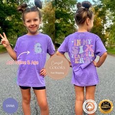 Looking for a high-quality gift shirt? This Comfort Color t-shirt is the best option✨ **Comfort Color 6th Birthday Girl Shirt Girl,Sixth Birthday Shirt Girl,Custom In My 6 Year Old Era Shirt With Name and Age,Six B-day Tshirt** ✨Our designs are original creations✨ ✨We welcome any custom orders you may have. Please message us! ✨ Celebrate your little one's special day with our Comfort Color 6th Birthday Girl Shirt! This custom "In My 6 Year Old Era" shirt features your child's name and age for a Casual Purple T-shirt For Birthday, Casual Purple Top For Birthday, Casual Purple Birthday T-shirt, 6th Birthday Girl Shirt, 7th Birthday Shirt Girl, 6th Birthday Girl, Seventh Birthday, 6th Birthday Girls, Sixth Birthday