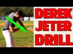 a man holding a baseball bat while standing on top of a lush green field with the words derek jeter drill in front of him