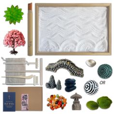 various items are arranged on a white background including flowers, leaves and other things to make it look like an artist's work