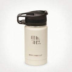 a white and black water bottle on a white background with the words earthhill printed on it