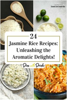 Collage of 4 jasmine rice recipes. How To Flavor Jasmine Rice, Creamy Jasmine Rice, How To Season Jasmine Rice, Mexican Rice With Jasmine Rice, Jasmine Rice Recipes For Fish, Seasoned Jasmine Rice, Jazmin Rice Recipe, Recipes With Jasmine Rice, Thai Rice Recipes