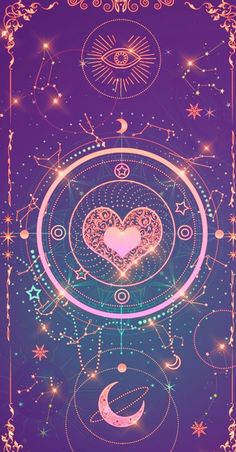 a purple and blue background with an image of a heart in the center, surrounded by stars