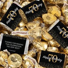 gold foiled chocolates with black and white labels on them are the most popular birthday gifts