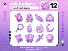 the sub badges for pastel magic badges are displayed on a purple and white background