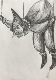 a drawing of a clown hanging upside down on strings with his head in the air