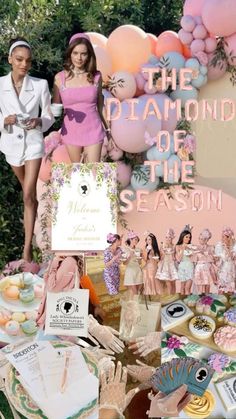 the diamond of the season is on display in front of a backdrop with balloons and other items