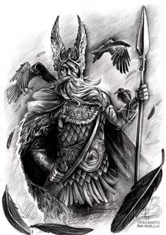 a black and white drawing of a man in armor with two birds on his shoulder