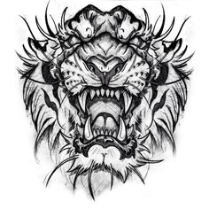 a drawing of a tiger's head with its mouth open and fangs out,