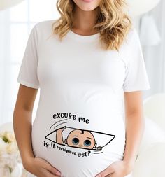 Excuse Me Is It July Yet Shirt, Funny Pregnancy Tee, Maternity Shirt, Mom To Be Shirt, Baby Announcement Shirt, Baby Shower Gift, Baby Saying Tee, Pregnancy Reveal You Can Send the Month Via Etsy Messages  - We use 3 different high quality t-shirt brands, if you only want one particular brand please send us a message for the availability, if you do not ask for a specific brand we will send the available brand. - Only Gildan brand is used for sweatshirts and hoodies. -Our shirts are made to order Cute Maternity T-shirt With Graphic Print, White Casual Maternity T-shirt, White Crew Neck Maternity T-shirt, Funny White Short Sleeve Top, Maternity Wear Graphic Print Crew Neck T-shirt, Maternity Graphic Print Crew Neck T-shirt, Unisex White Tops With Funny Text, Funny White Shirt With Cartoon Print, Cute Maternity Graphic Print T-shirt