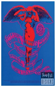 an image of a woman with wings on her body in pink and blue poster style