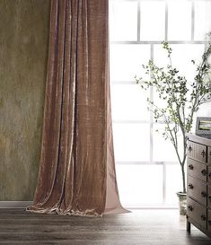 a room with a dresser, mirror and window covered in sheer drapes next to a potted plant