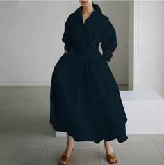 Elegant Women Spring Autumn Sundress Fashion Lapel Neck Long Sleeve Solid Long Shirt Dress OL Vestidos Robe Femme 5XL Long Dress Elegant Summer Dresses, Maxi Outfits, Maxi Shirts, Retro Mode, Maxi Shirt Dress, Long Shirt Dress, Moda Vintage, Style Cardigan, Black Leopard