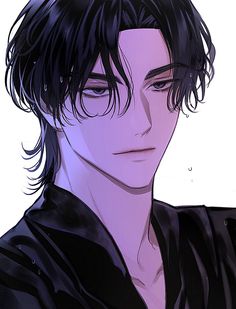 an anime character with black hair wearing a black shirt and looking at his left side