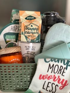 a basket filled with coffee, tea and other items