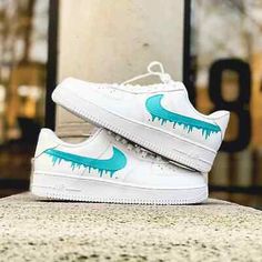 ad eBay - Nike Air Force 1 Custom White Shoes Turquoise Blue Swoosh Drip Design Street Art - Buy Now, click the link (eBay) Custom White Shoes, Nike Air Force 1 Custom, Drip Design, Air Force 1 Custom, Stitching Leather, Nike Air Force 1, White Shoes, Blue Shoes, Air Force 1